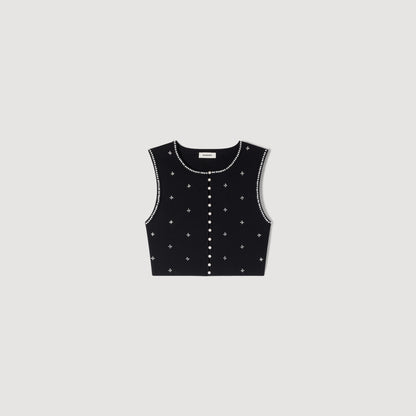 Lilia Jewelled Embroidered Knit Crop Top BLACK