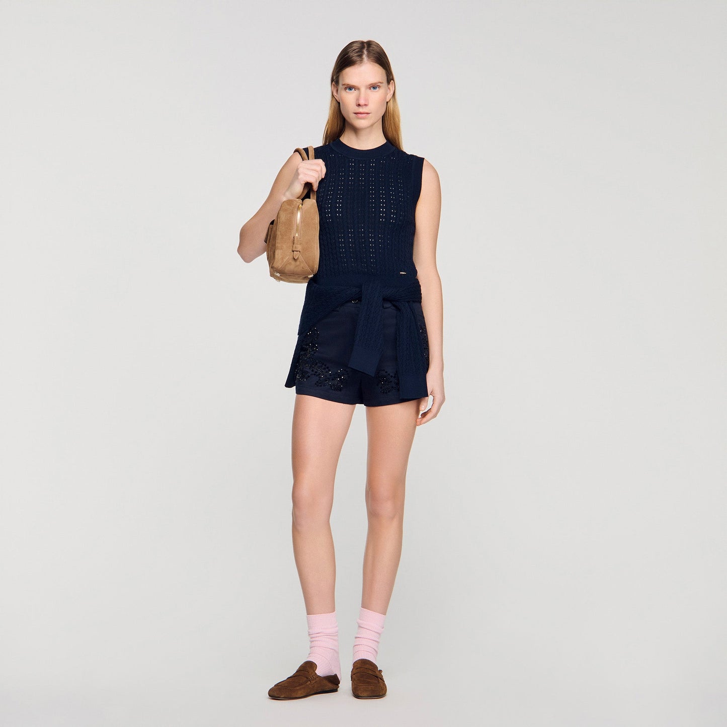 Fidele Textured Cropped Knit Jumper Navy Blue