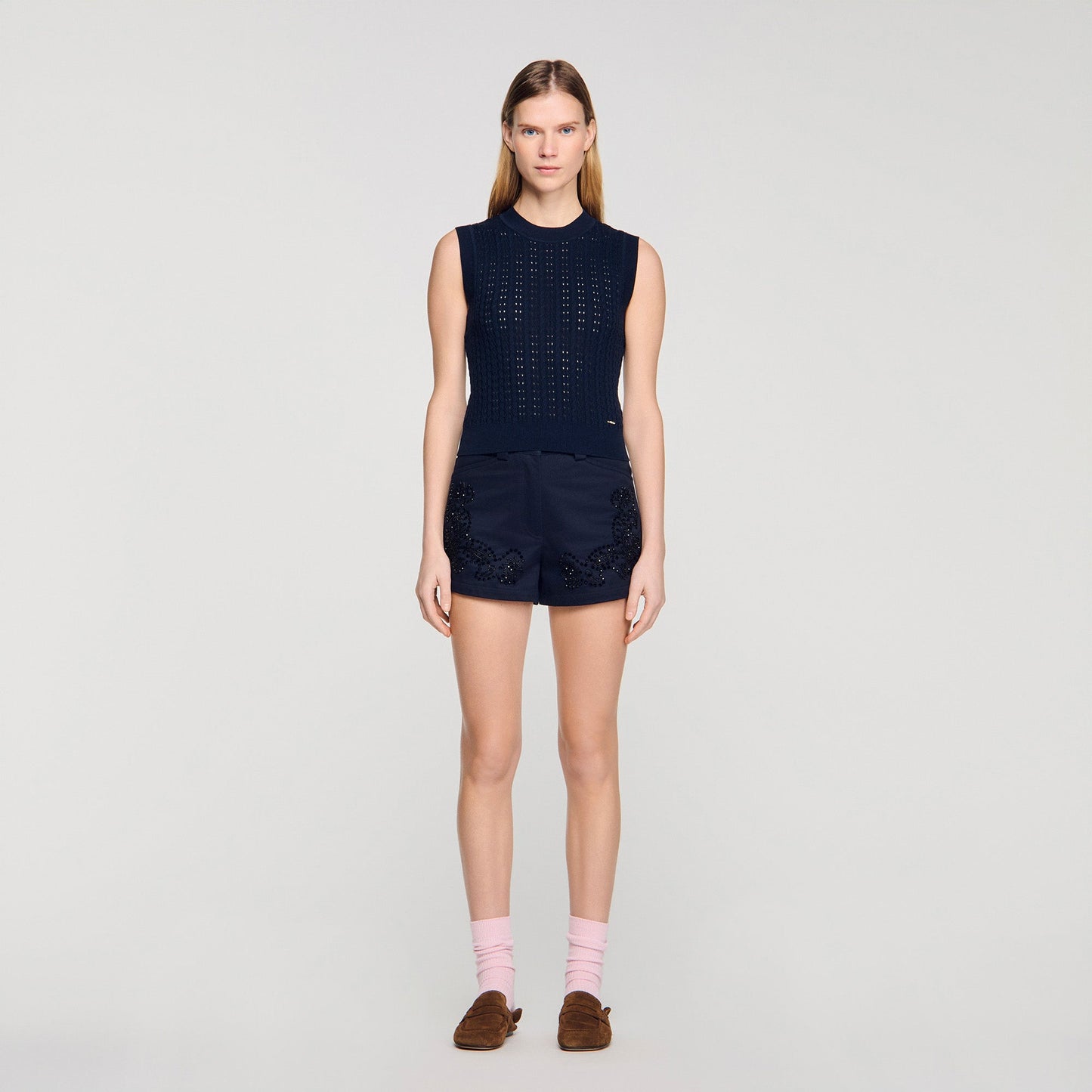 Fidele Textured Cropped Knit Jumper Navy Blue
