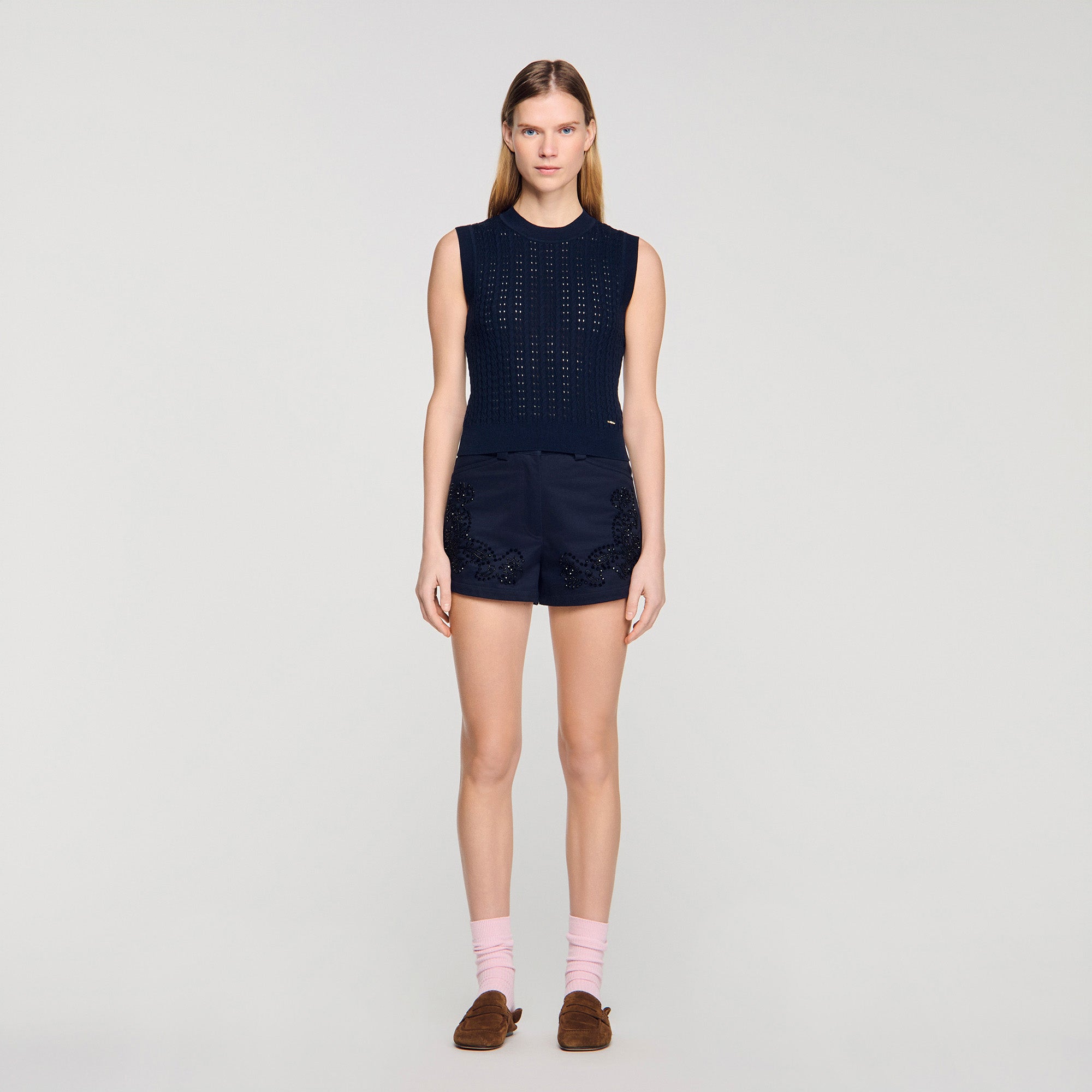 Fidele Textured Cropped Knit Jumper Navy Blue