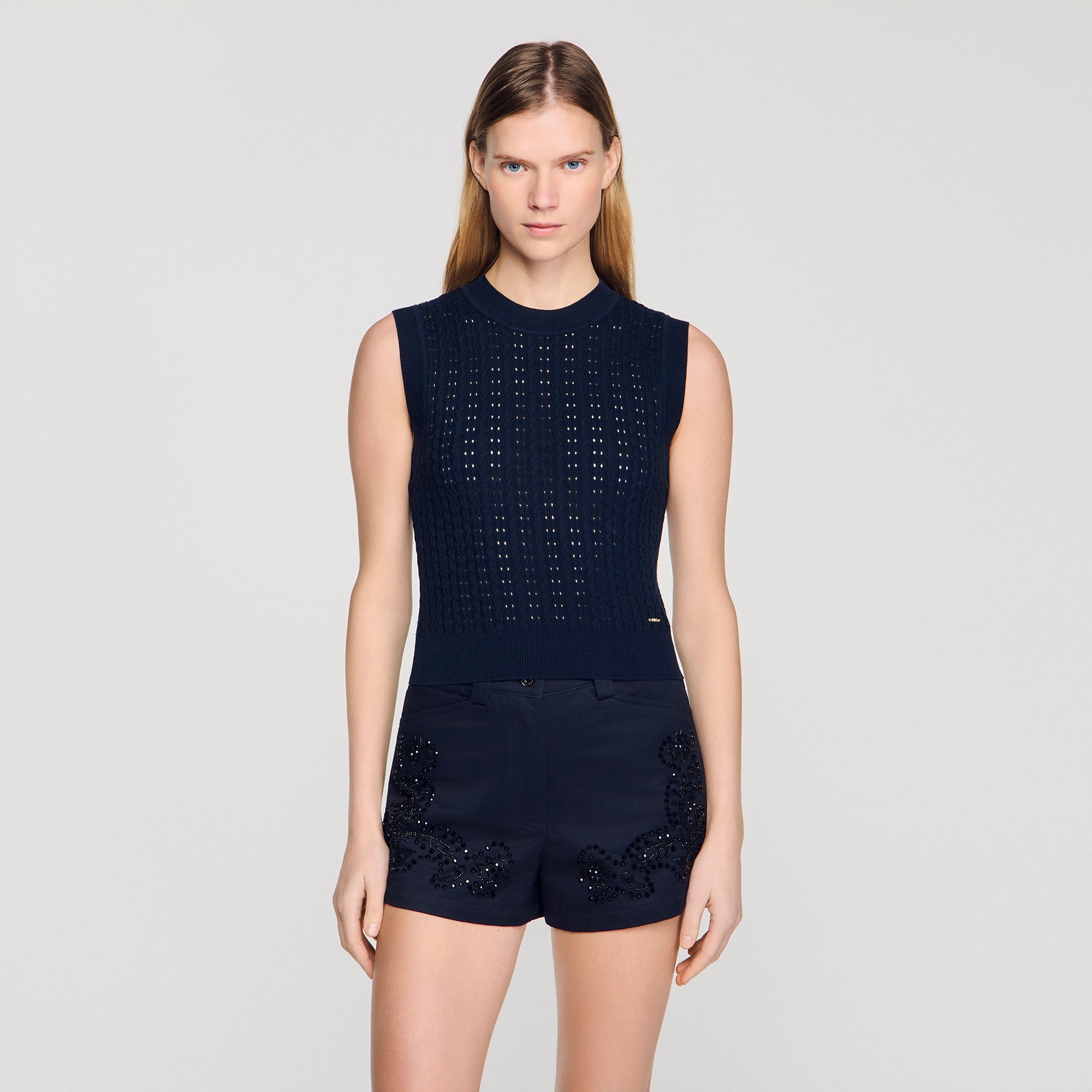 Fidele Textured Cropped Knit Jumper Navy Blue