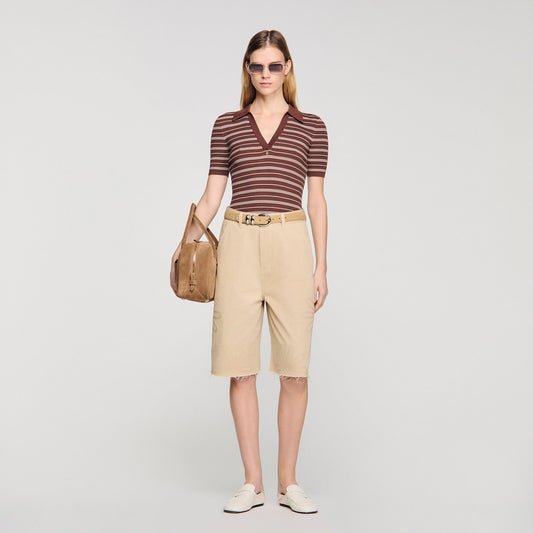 Driss Striped V-Neck Polo Jumper Brown