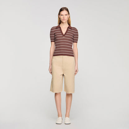 Driss Striped V-Neck Polo Jumper Brown