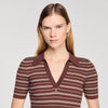 Driss Striped V-Neck Polo Jumper Brown