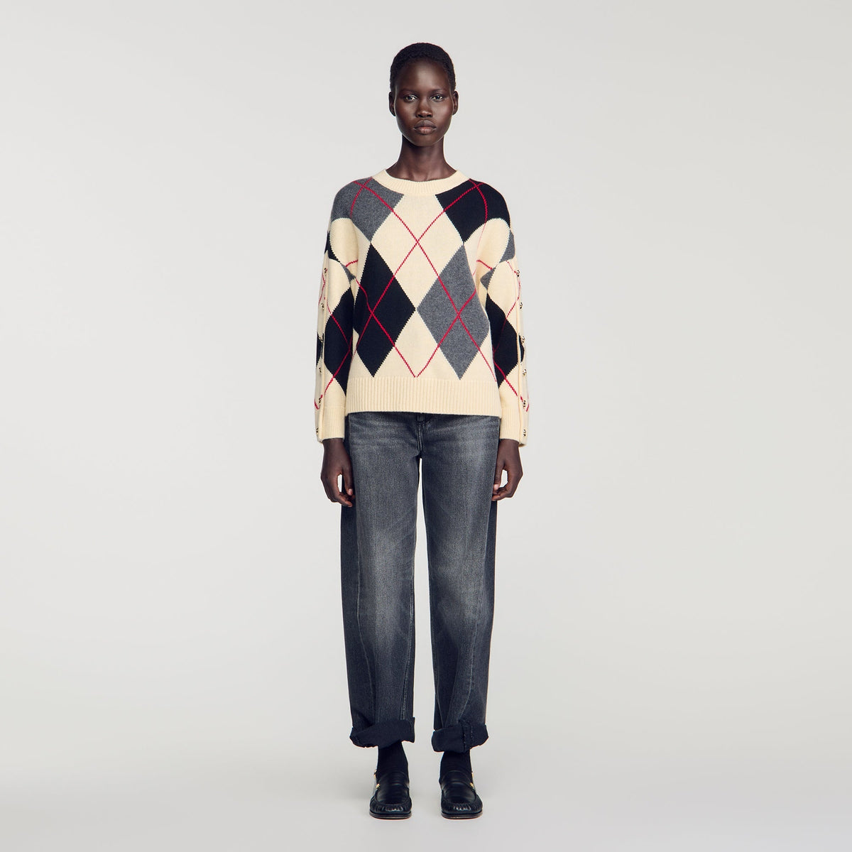 Gracie Argyle Polo Jumper Ecru / Black