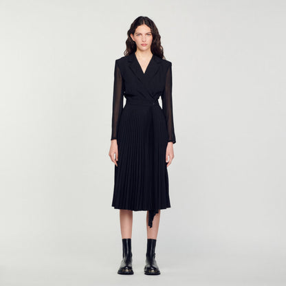 Dual-Material Long-Sleeved Dress Black