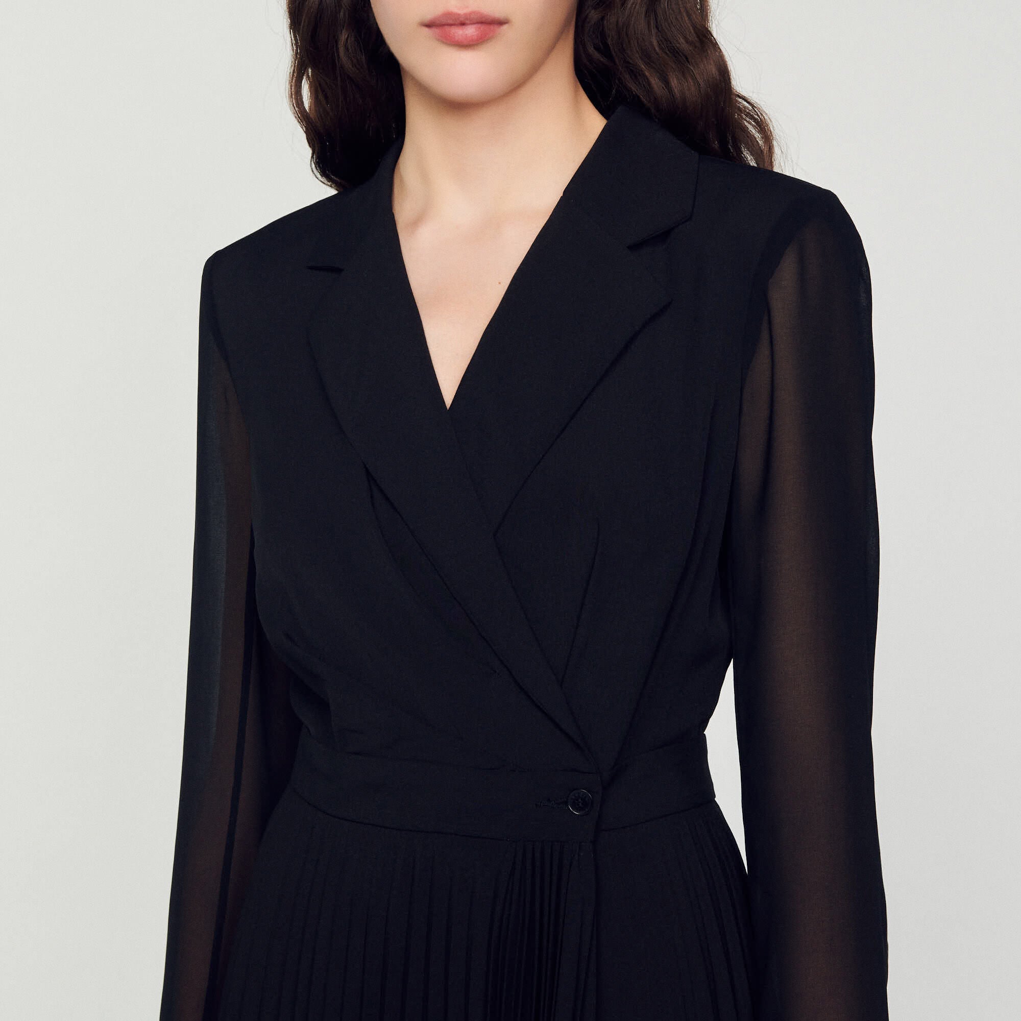 Dual-Material Long-Sleeved Dress Black