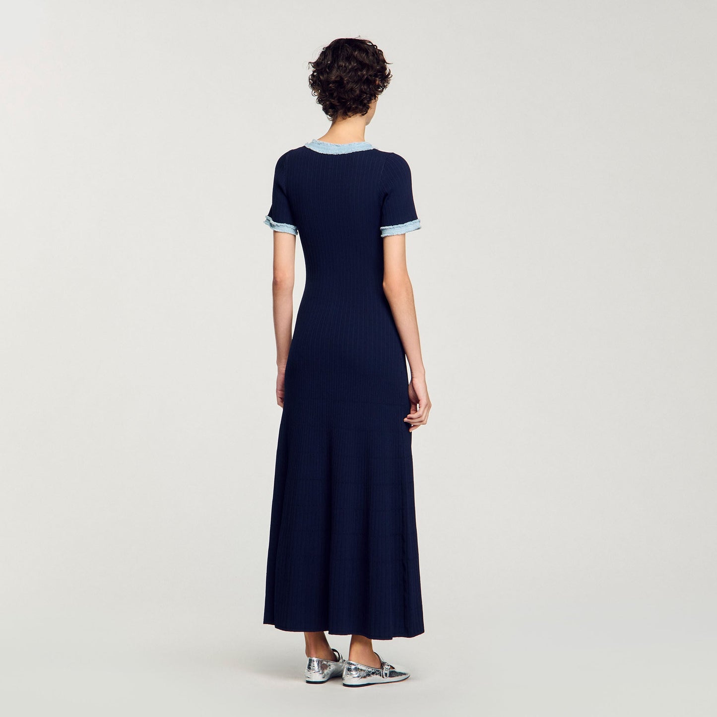 Knit And Denim Midi Dress Navy Blue