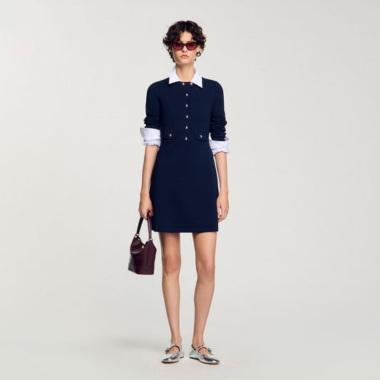 Short Button-Up Knit Dress Navy Blue