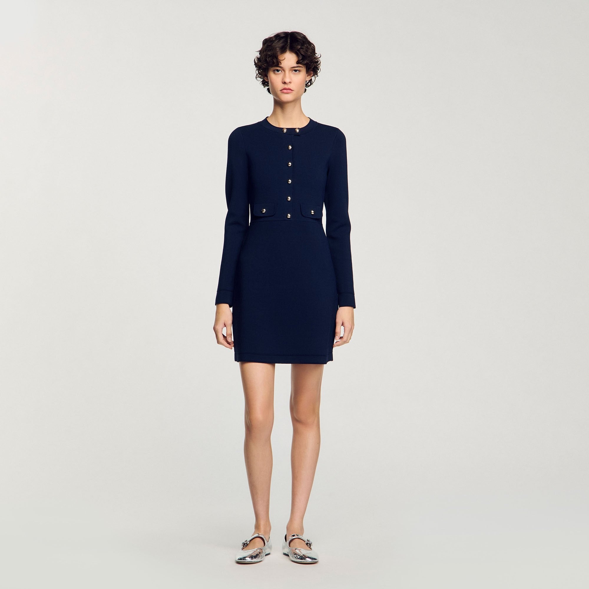 Buy Navy Blue Short Button-Up Knit Dress Online Sandro KSA