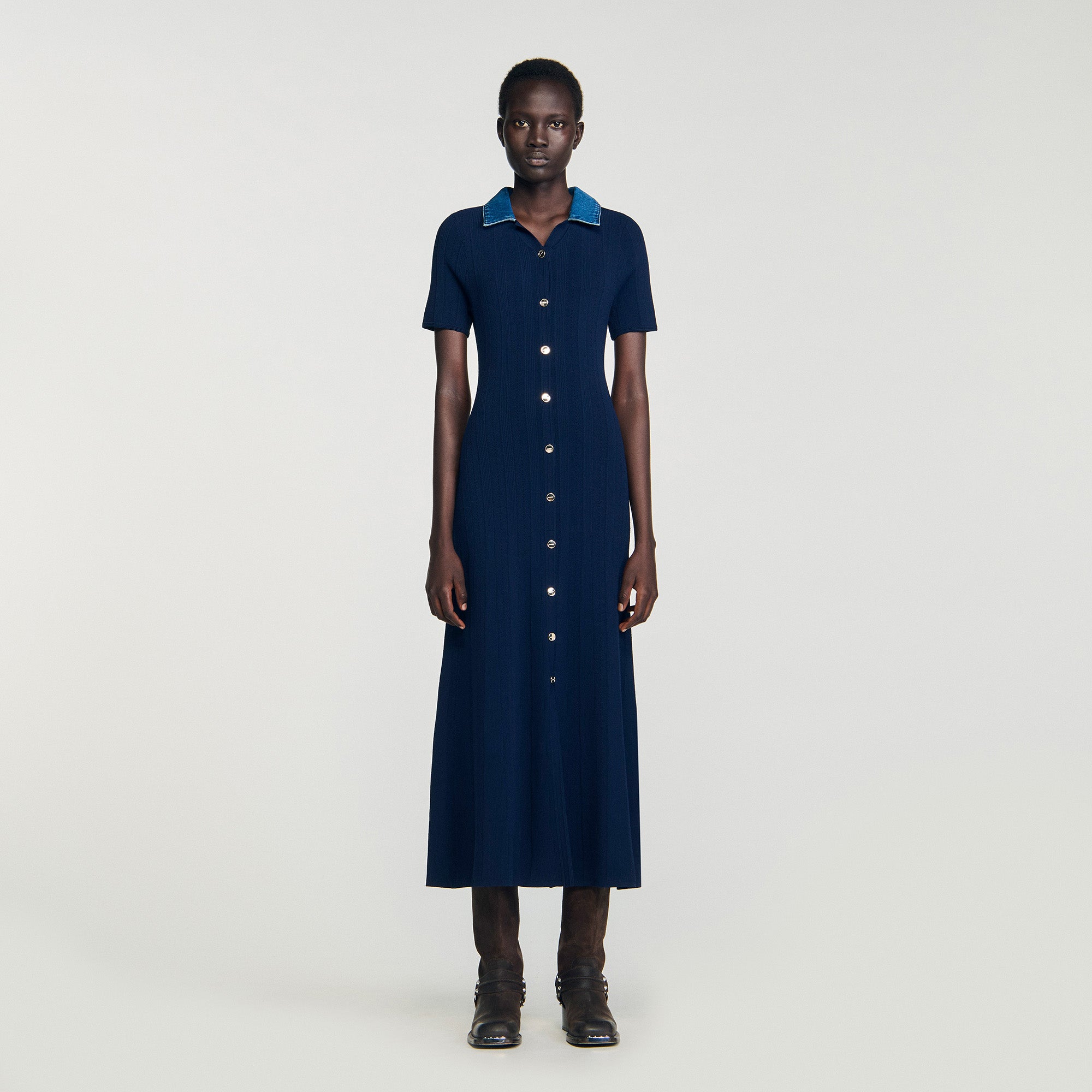 Julietta Denim Collar Knit Maxi Dress Navy Blue