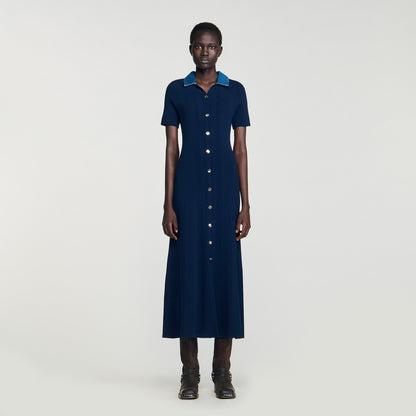 Julietta Denim Collar Knit Maxi Dress Navy Blue