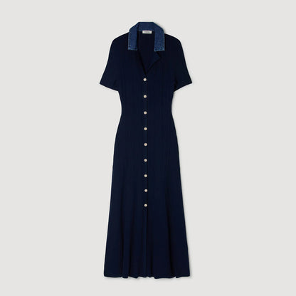 Julietta Denim Collar Knit Maxi Dress Navy Blue