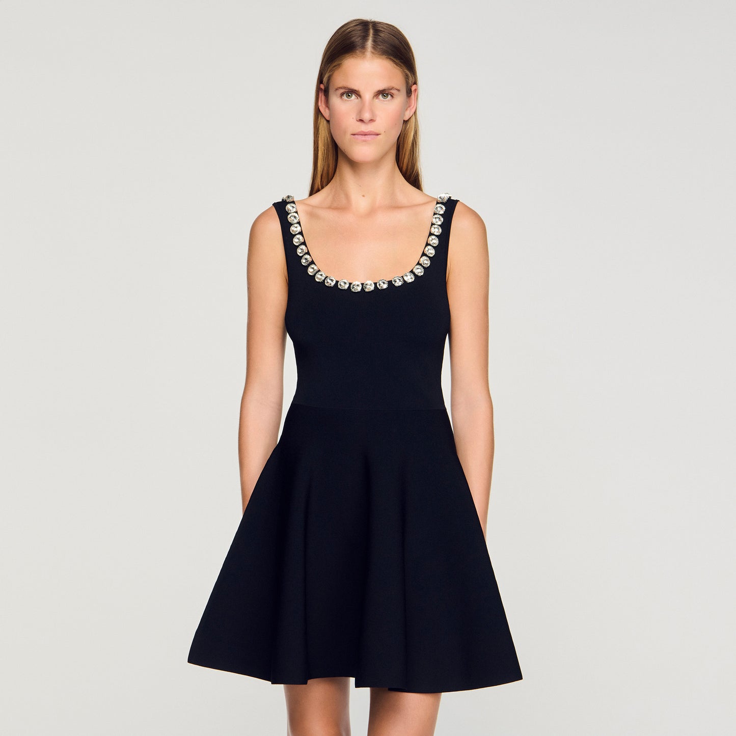 Nelya Short Dress With Rhinestone Neck Black