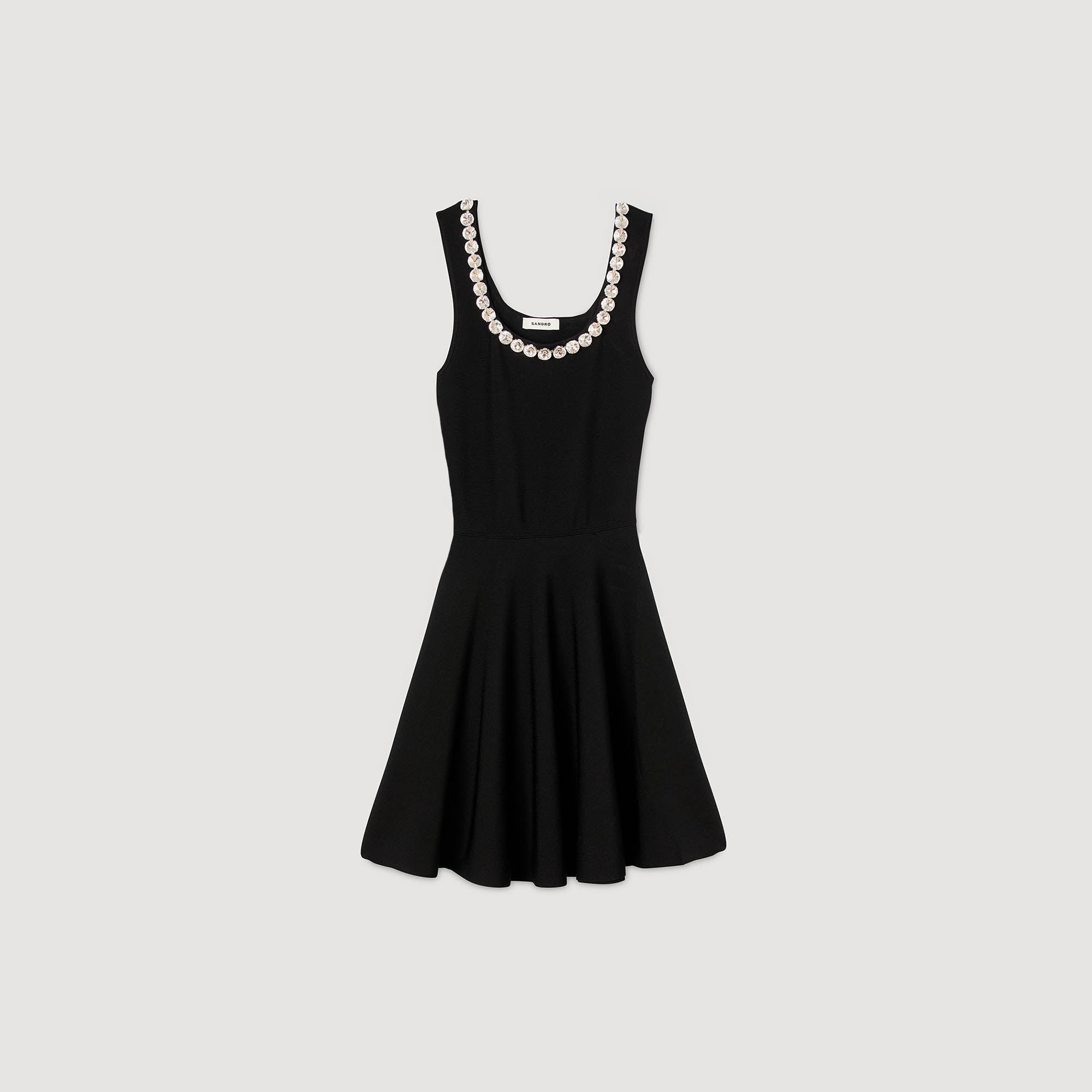Nelya Short Dress With Rhinestone Neck Black
