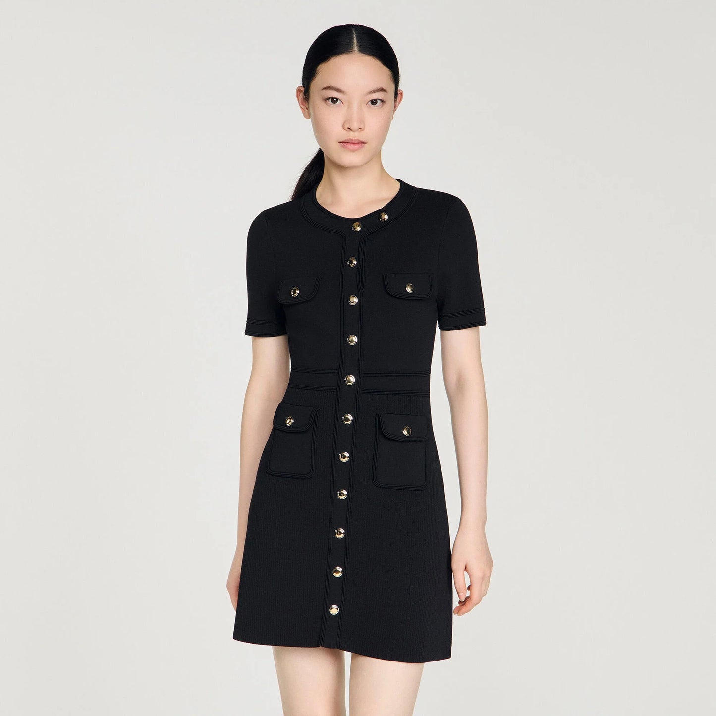 Isis Button-Up Knit Short Dress Black