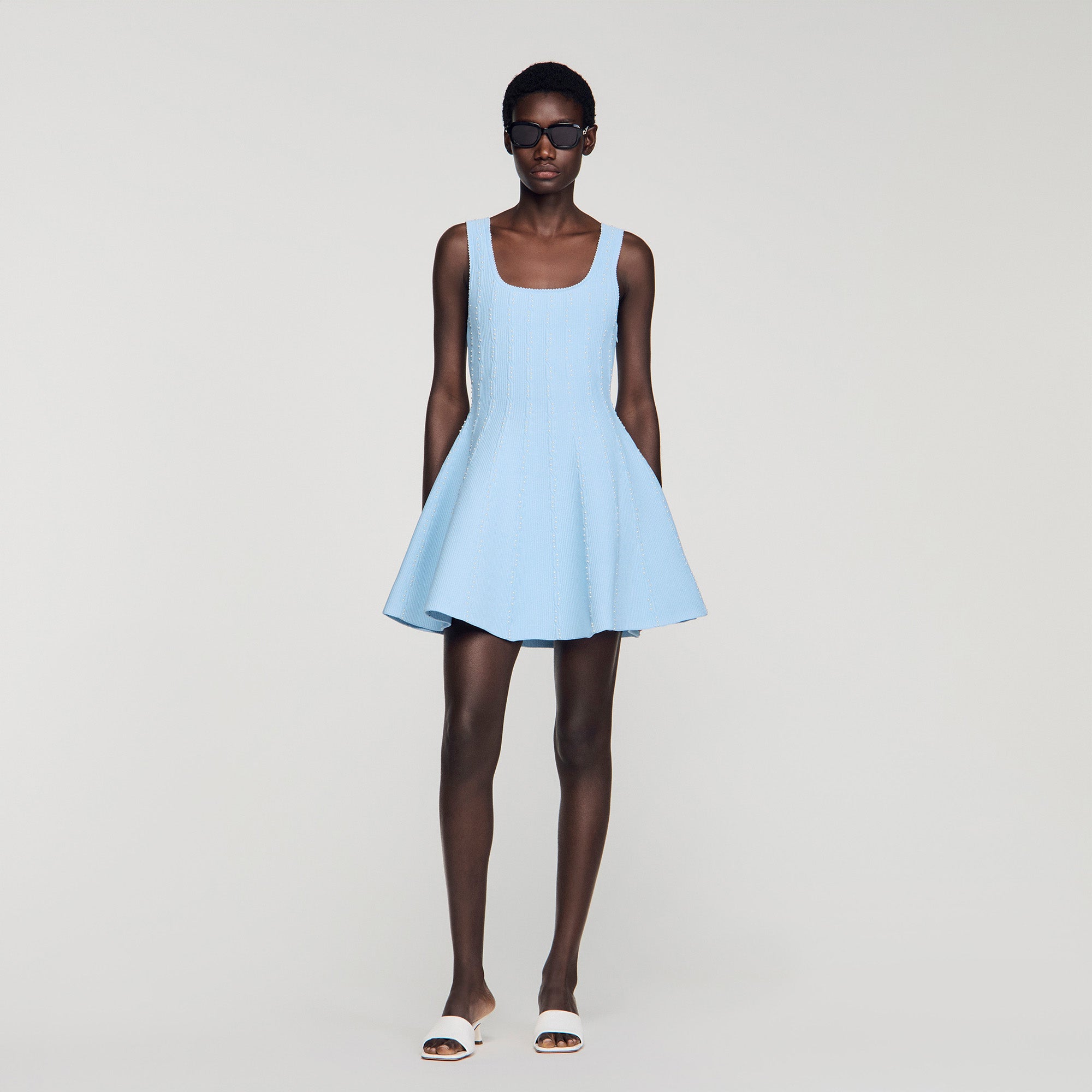 Lyssandra Beaded Knit Short Dress Sky Blue