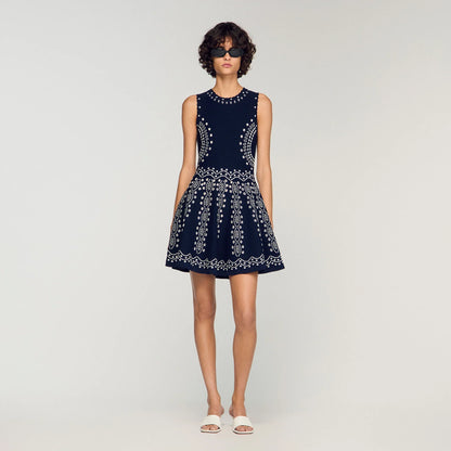 Capri Scarf-Print Knit Short Dress Navy Blue