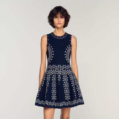 Capri Scarf-Print Knit Short Dress Navy Blue