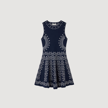 Capri Scarf-Print Knit Short Dress Navy Blue