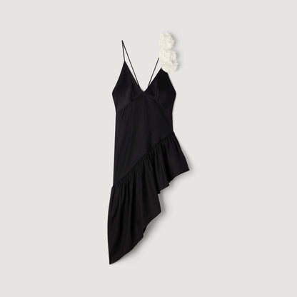 Laurine Floral Print Ruffled Short Dress Black