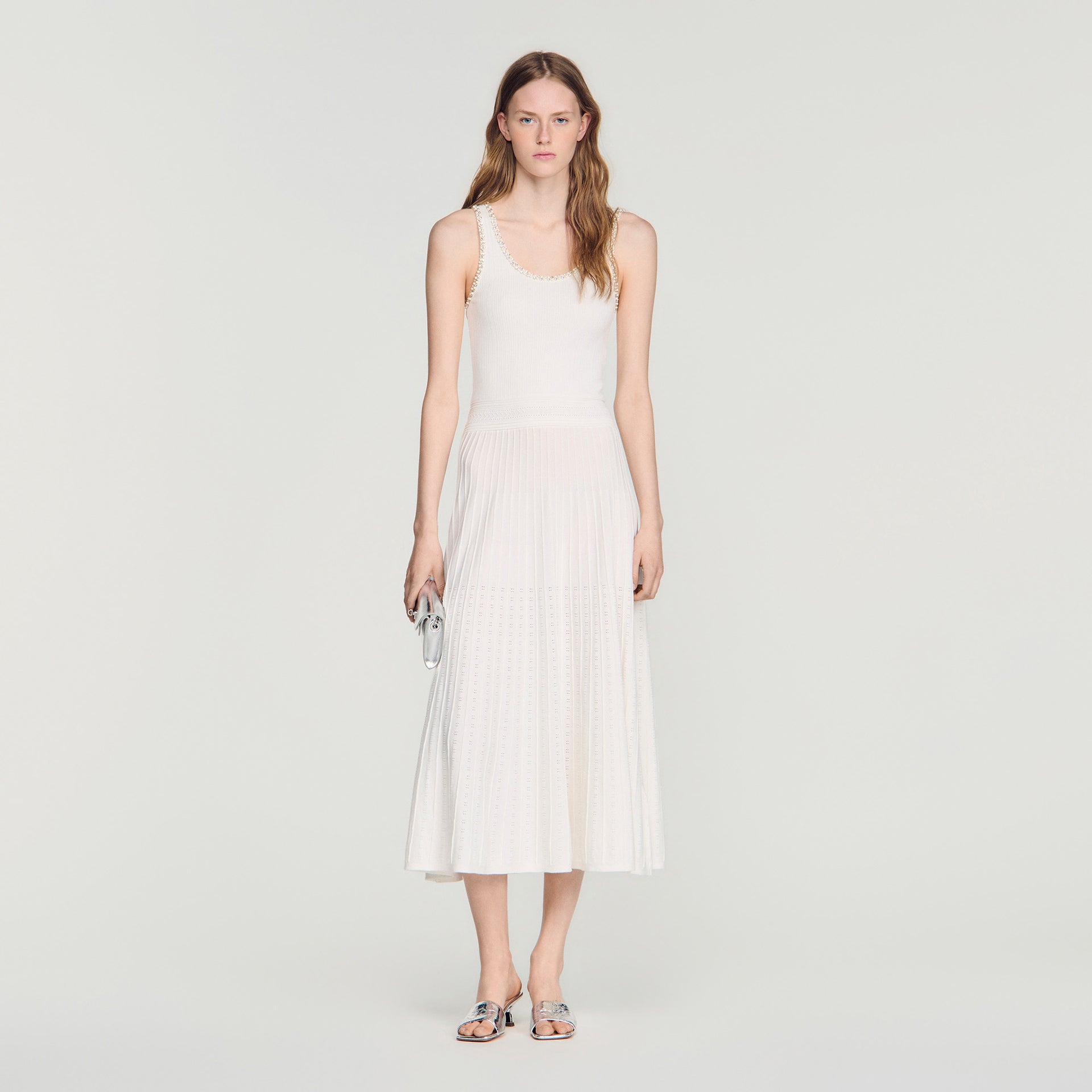 sandro dress white Pearl edge Coat cardigan + Pleated long knit Dresses SANDRO Mini knit dress with straps Sandro Eyelet Dress: White 