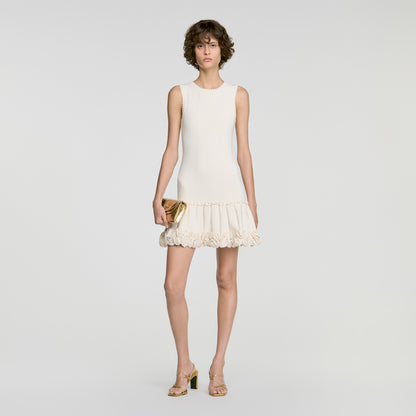 Natacha Floral knit short dress Ecru