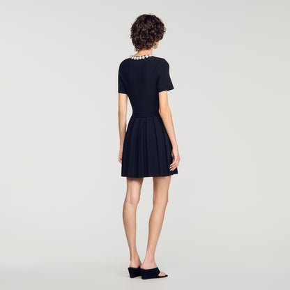 Agnes Short dress with beaded flowers Black