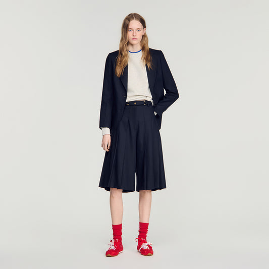 Mateus Long Pleated Wool Shorts Navy Blue
