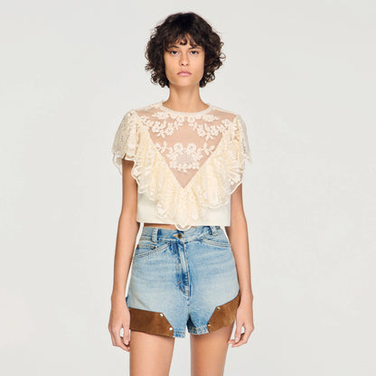 Lavandin Floral Guipure Crop Top Vanilla