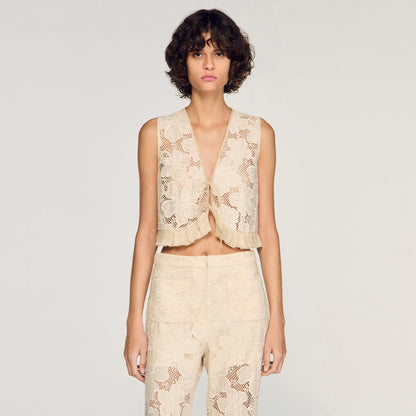 Amane Guipure Lace Crop Top Ecru