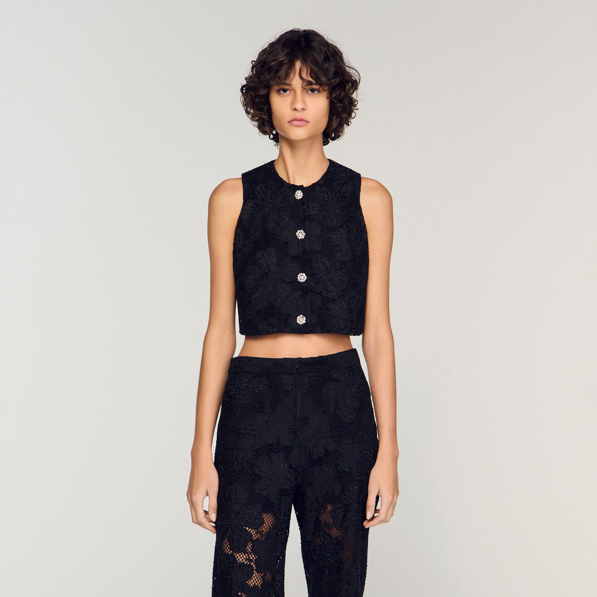 Amie Embroidered Guipure Crop Top Black