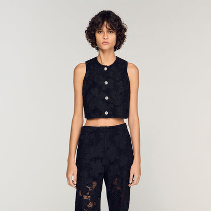 Amie Embroidered Guipure Crop Top Black