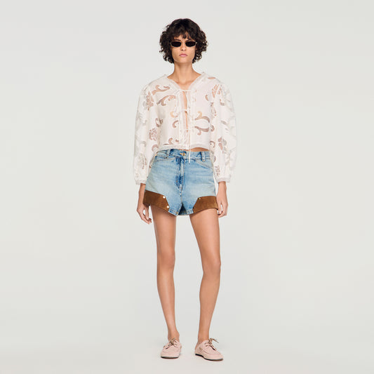 Luana Floral Openwork Crop Top Ecru