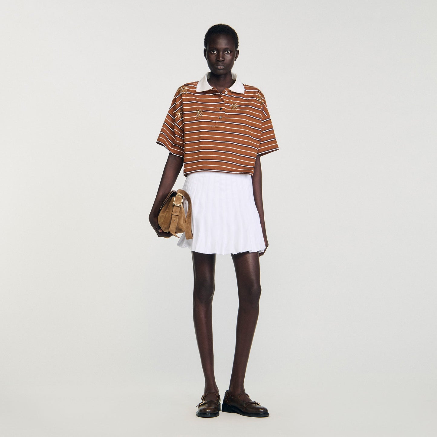 Meliane Striped Rhinestone T-Shirt Brown