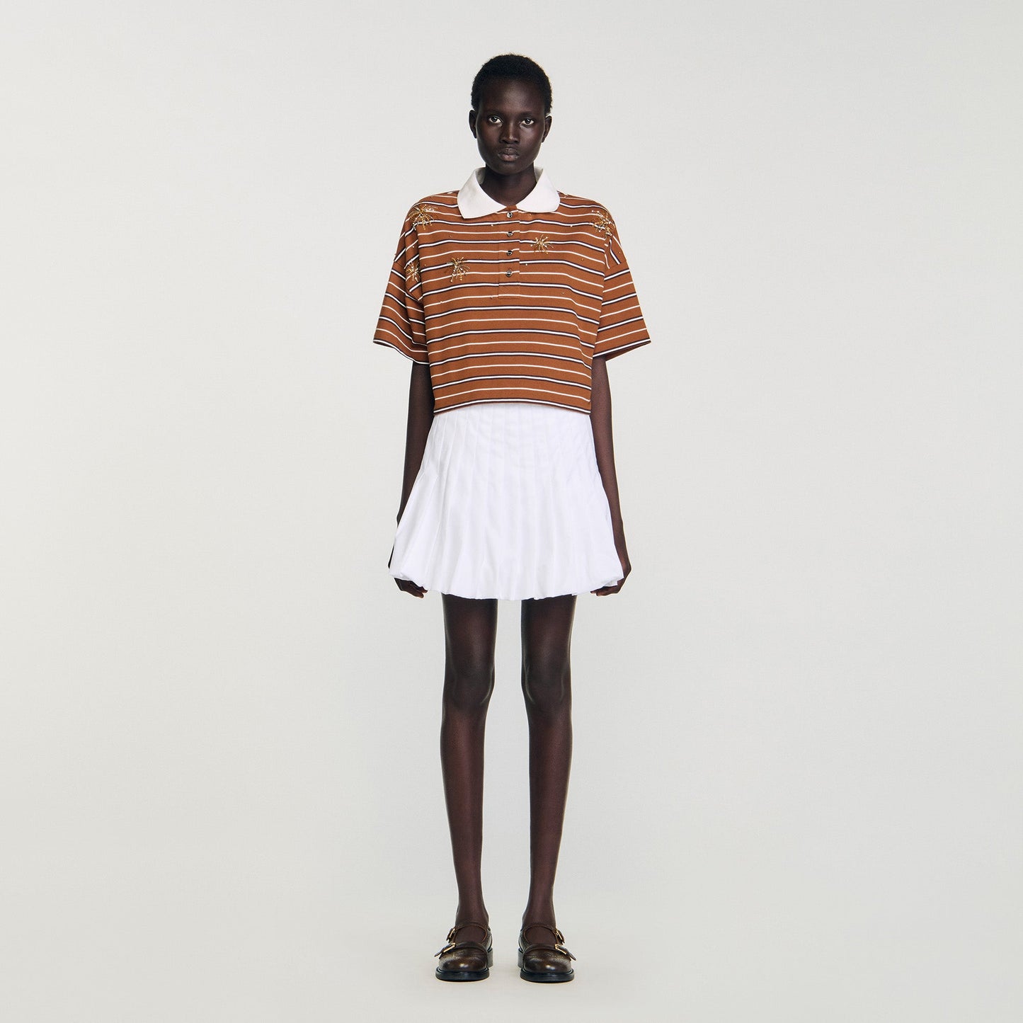 Meliane Striped Rhinestone T-Shirt Brown