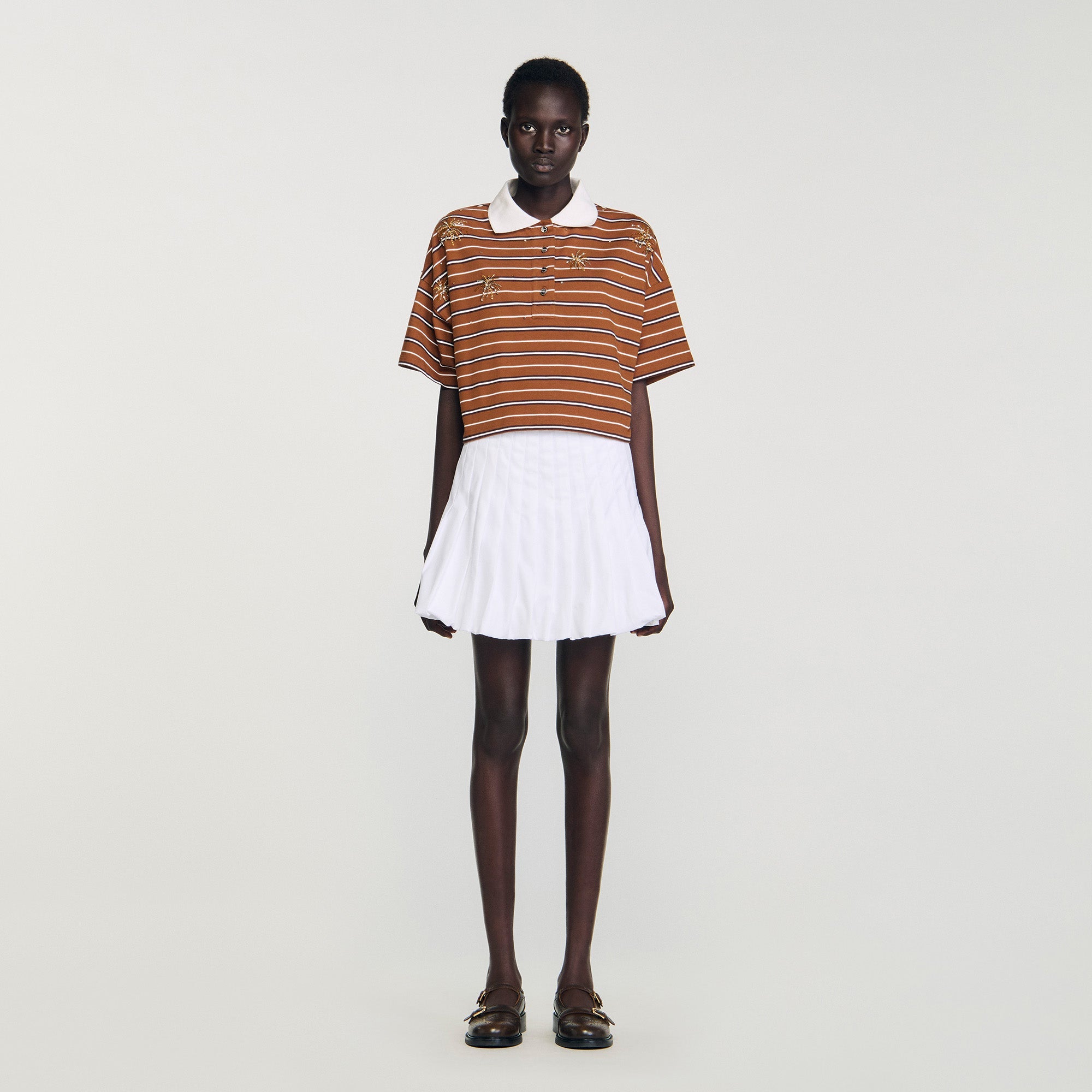 Meliane Striped Rhinestone T-Shirt Brown