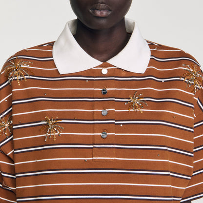 Meliane Striped Rhinestone T-Shirt Brown