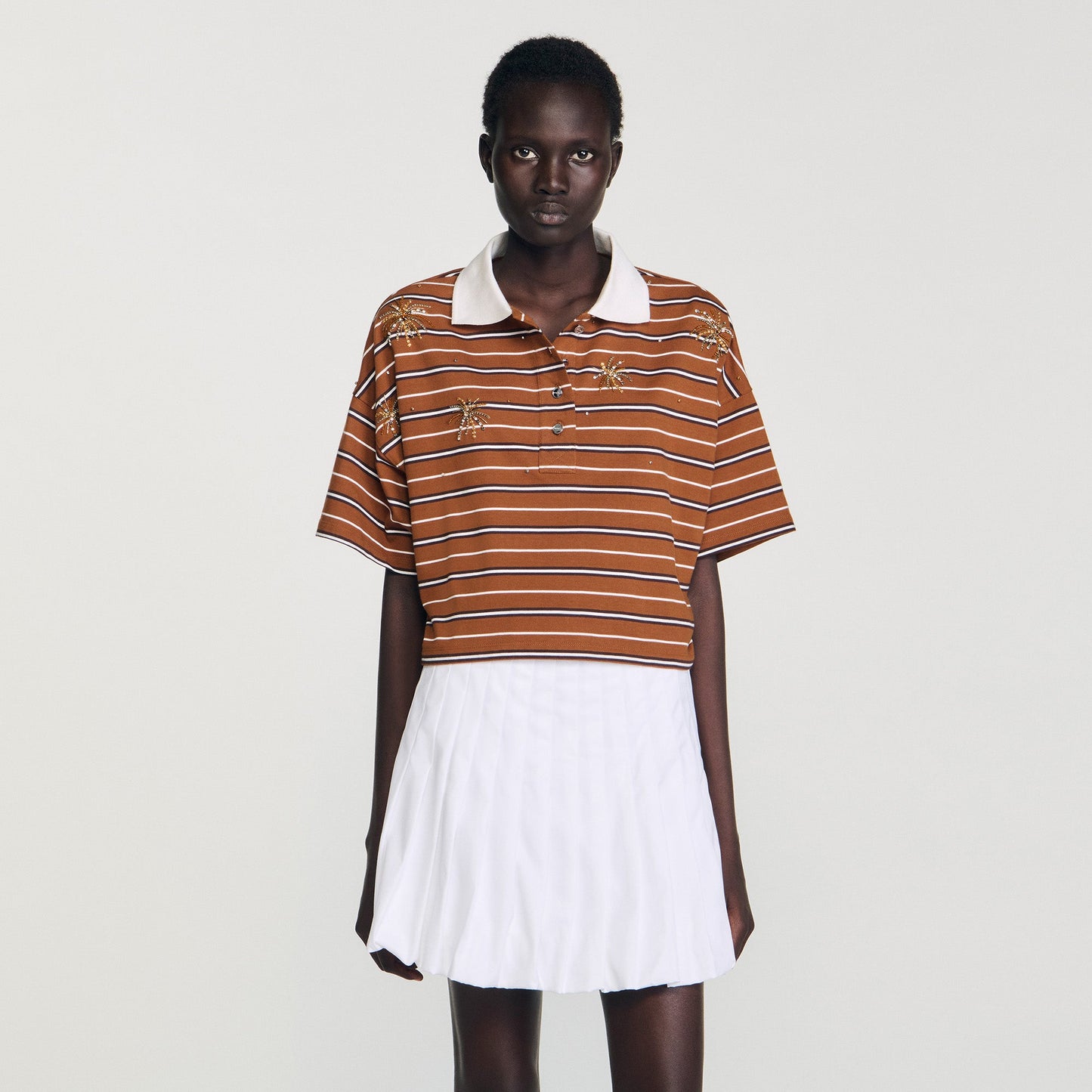 Meliane Striped Rhinestone T-Shirt Brown