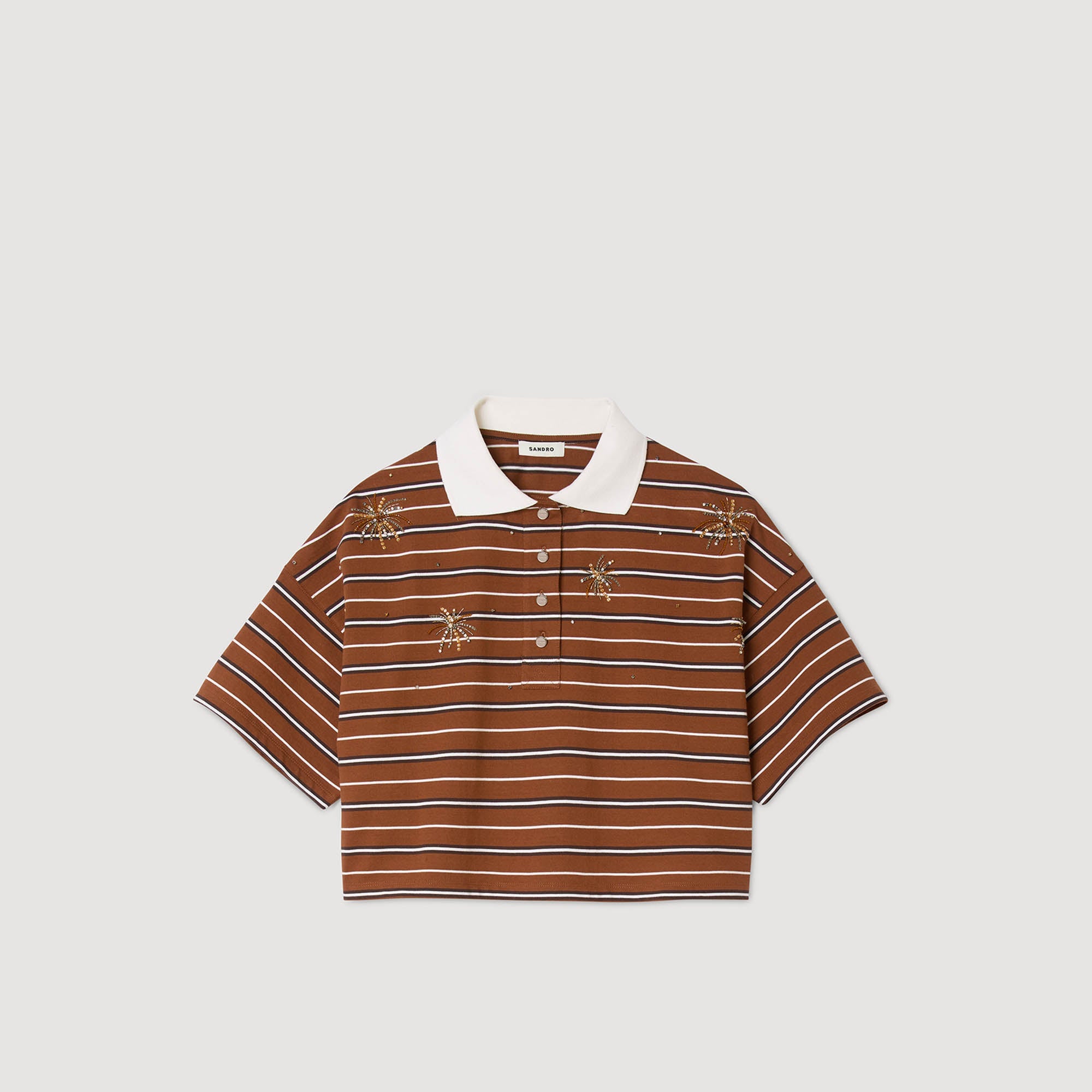Meliane Striped Rhinestone T-Shirt Brown