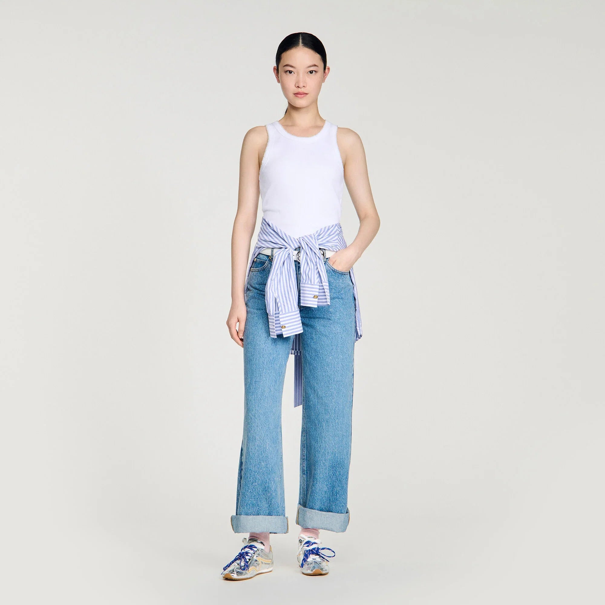 Evie Beaded Ribbed Vest Top White