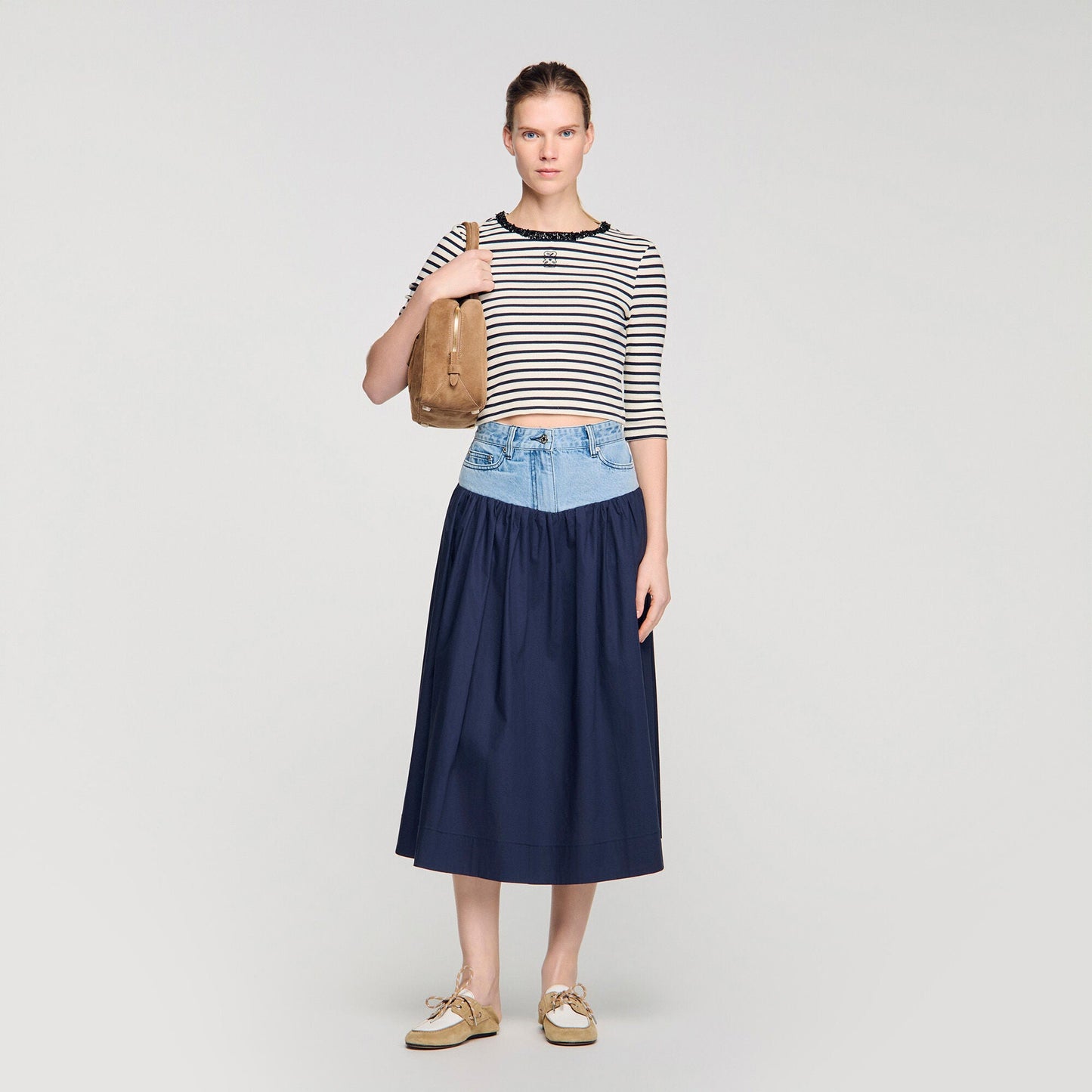 Aubin Short Striped Tee With Pearl Collar Navy Blue