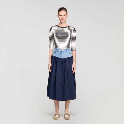 Aubin Short Striped Tee With Pearl Collar Navy Blue