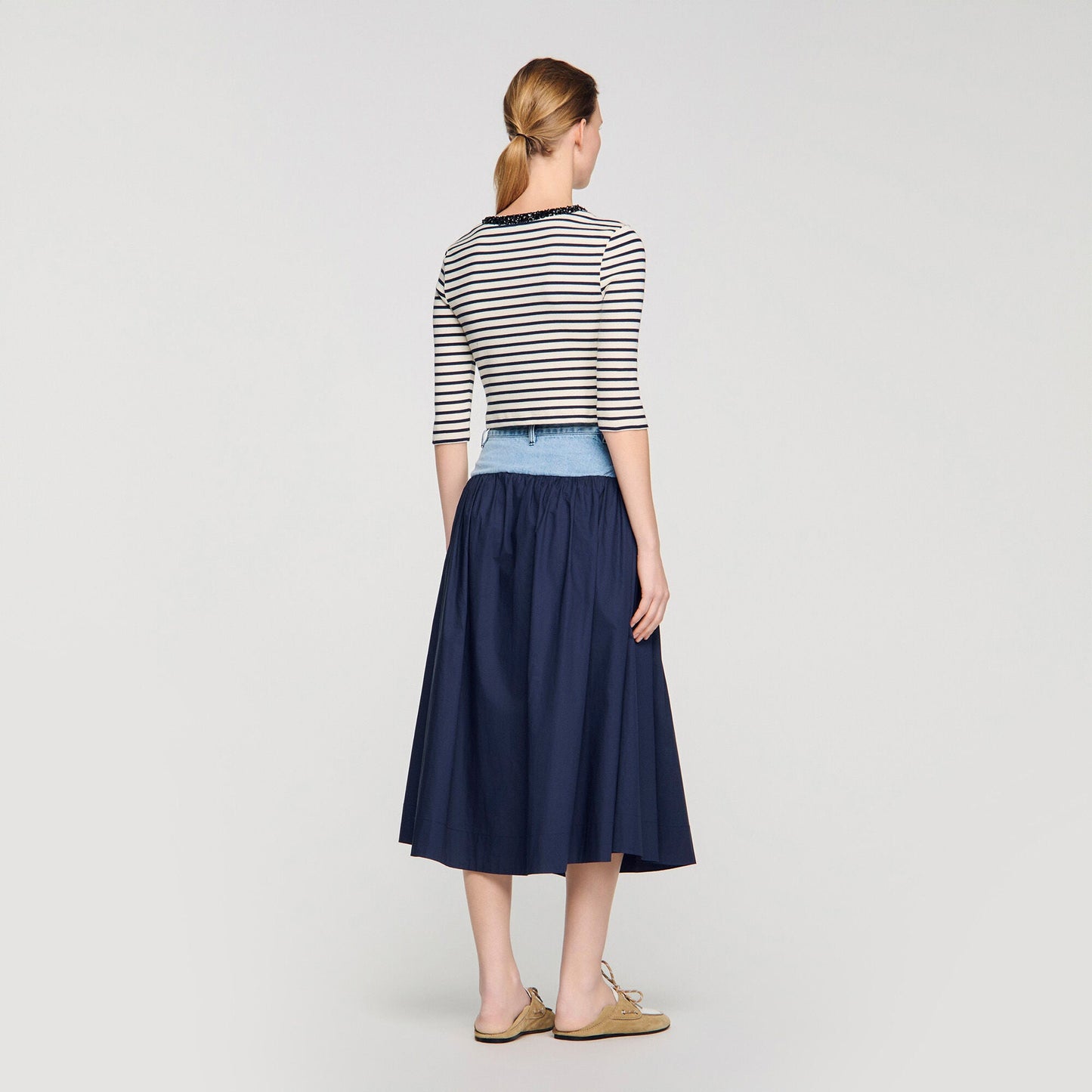 Aubin Short Striped Tee With Pearl Collar Navy Blue
