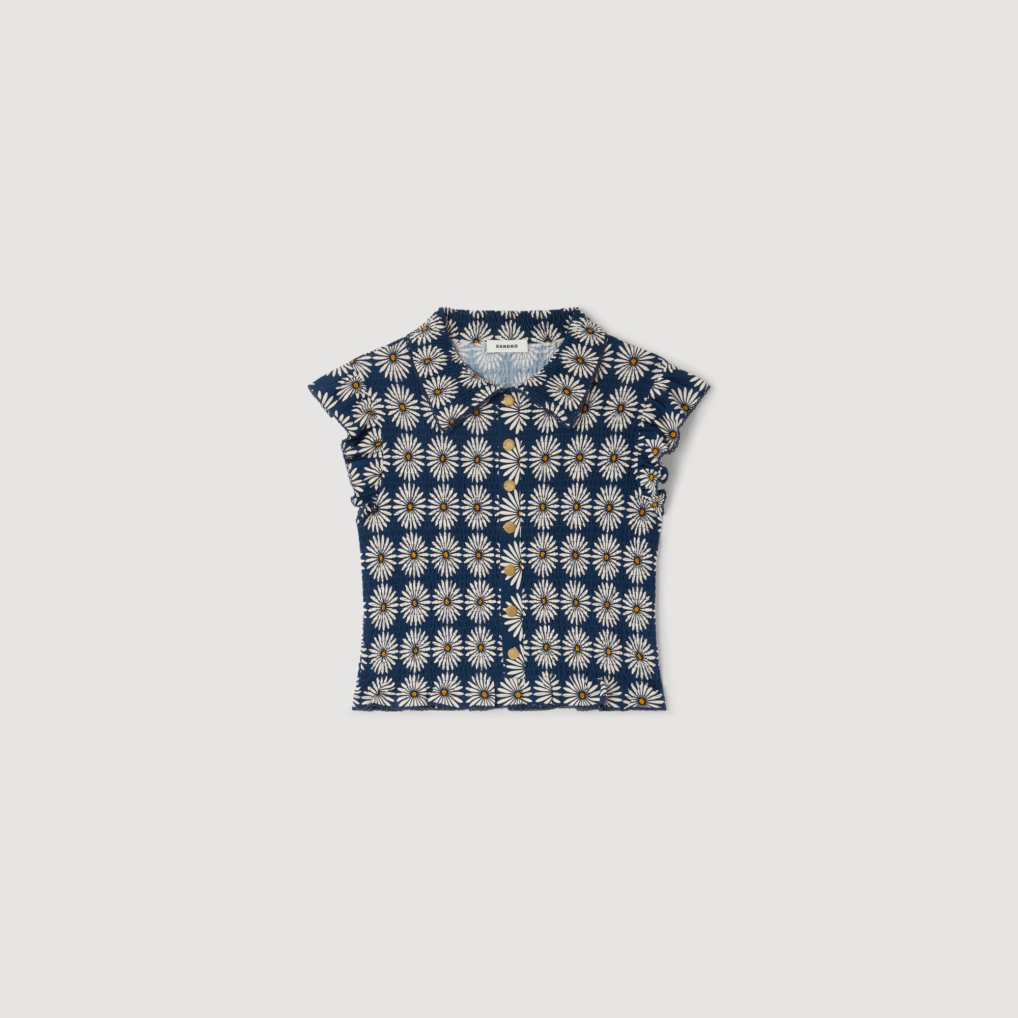 Camila Flower Print Smocked T-Shirt Deep Blue / Ocher