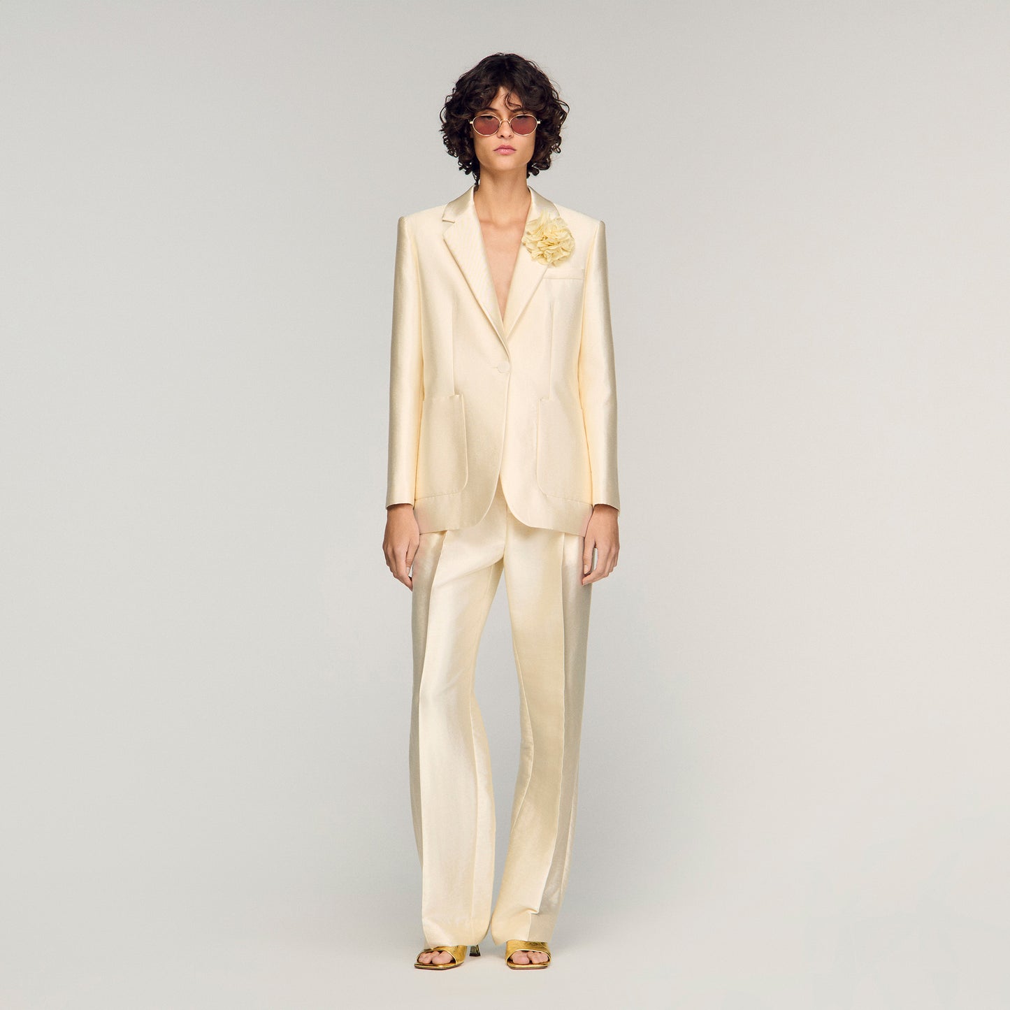 Myrella Satin Jacket With Flower Detail Cream