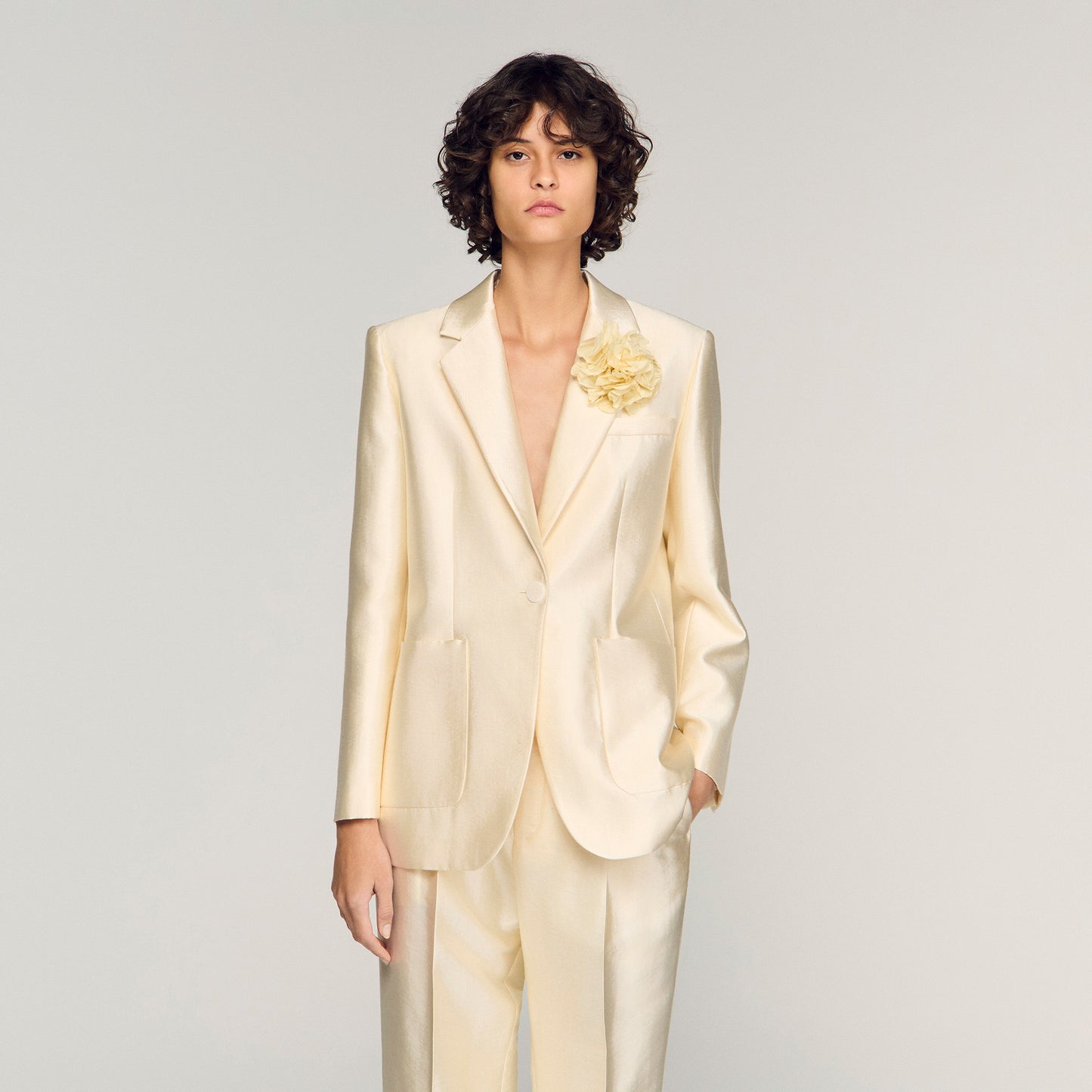 Myrella Satin Jacket With Flower Detail Cream