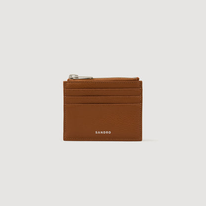 Zipper Grain Grained Leather Zip Card Holder Cognac