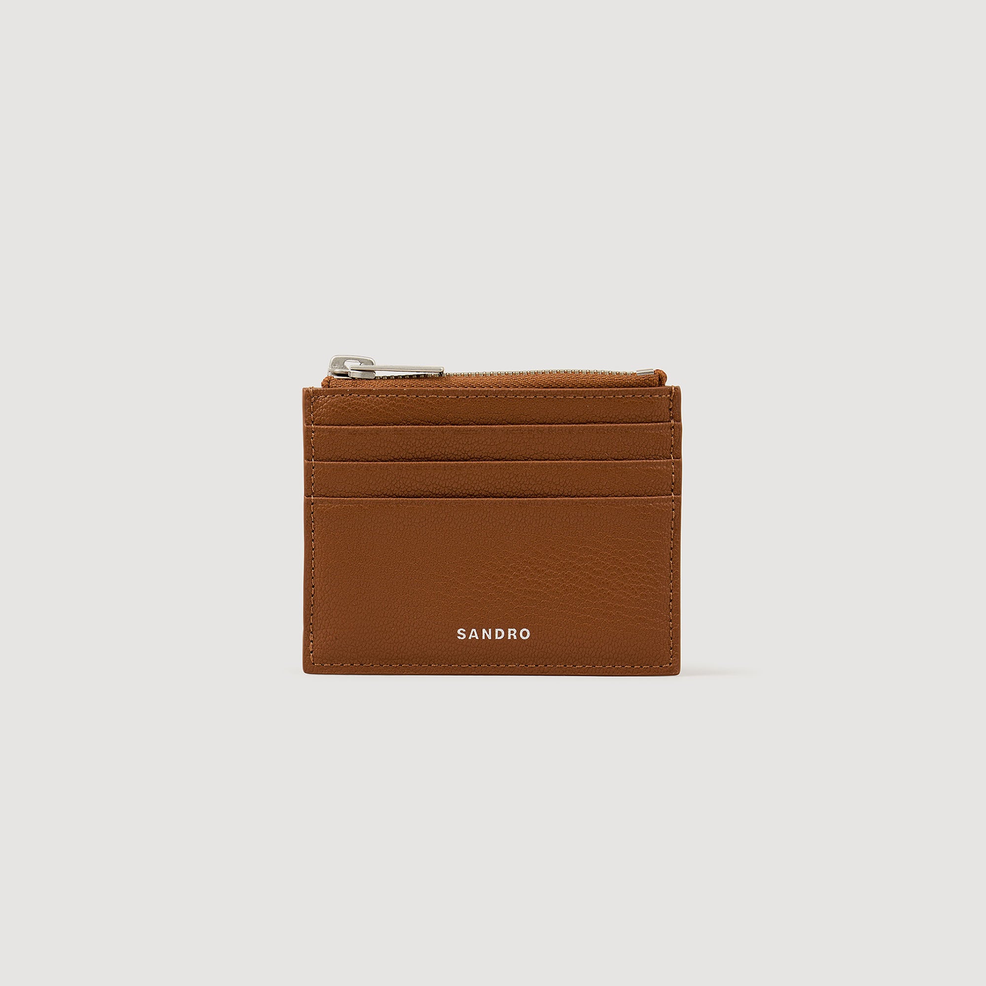 Zipper Grain Grained Leather Zip Card Holder Cognac