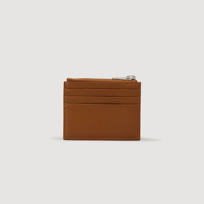 Zipper Grain Grained Leather Zip Card Holder Cognac